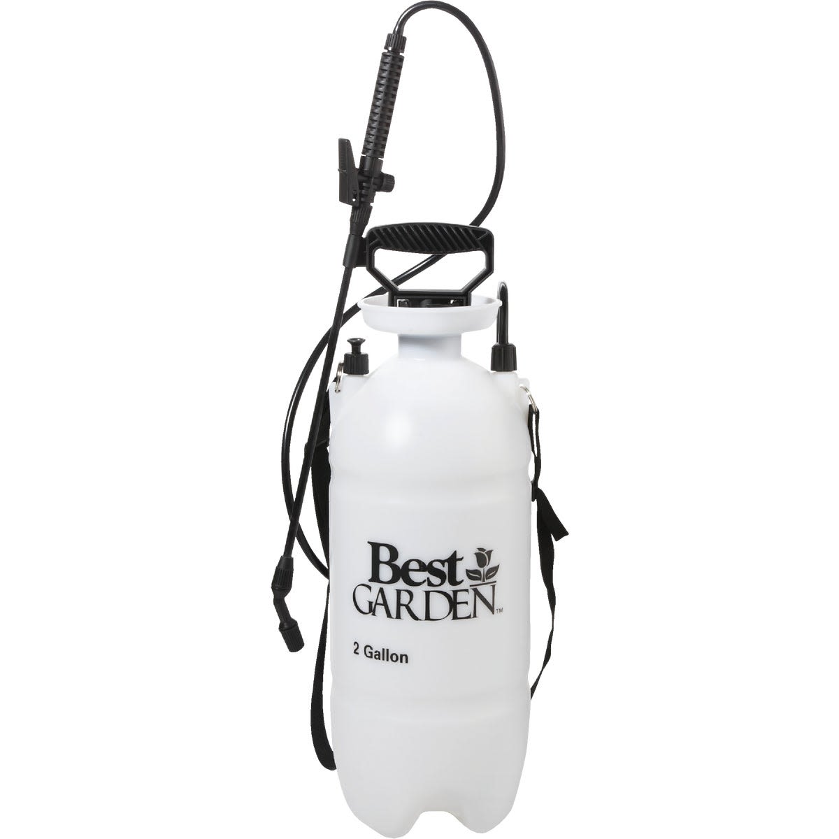 2 gallon white garden sprayer with black fiberglass wand and adjustable strap for home improvement tasks
