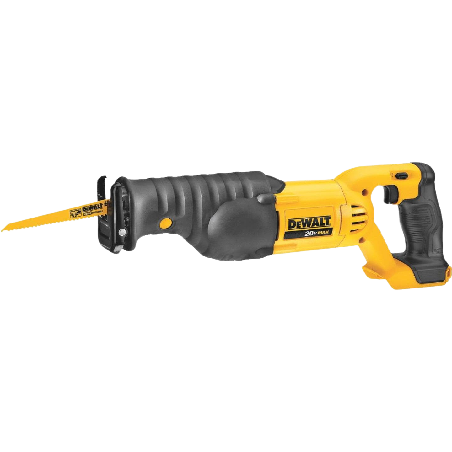 Yellow and black cordless reciprocating saw with ergonomic grip for woodworking and home improvement tasks