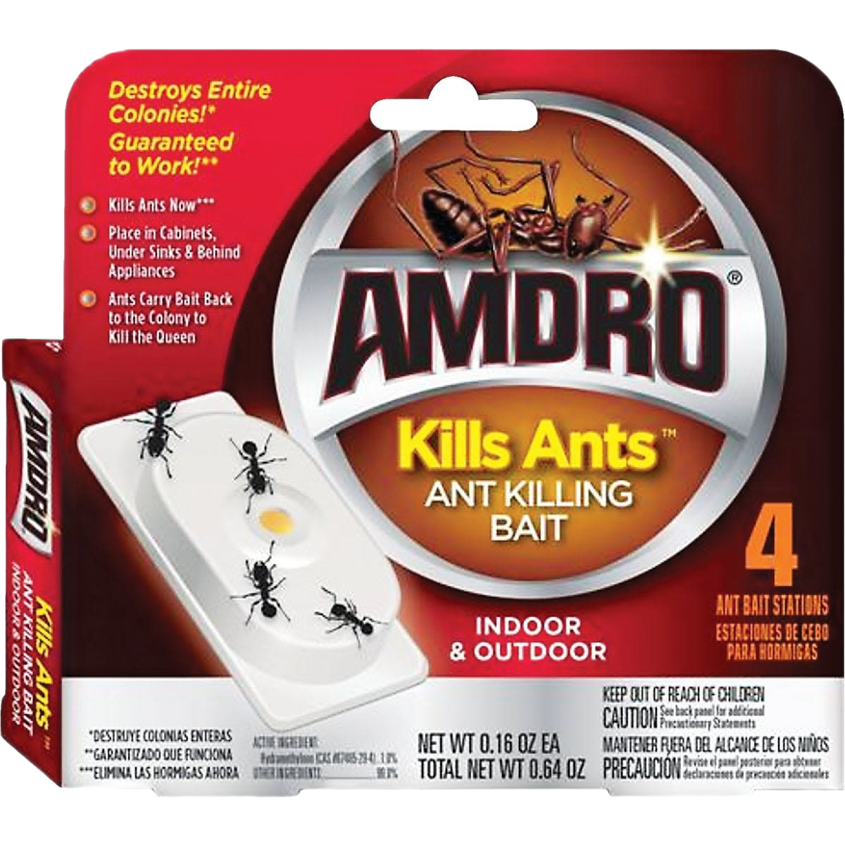 Amdro ant bait stations packaging showing four white bait blocks with ants for indoor and outdoor pest control