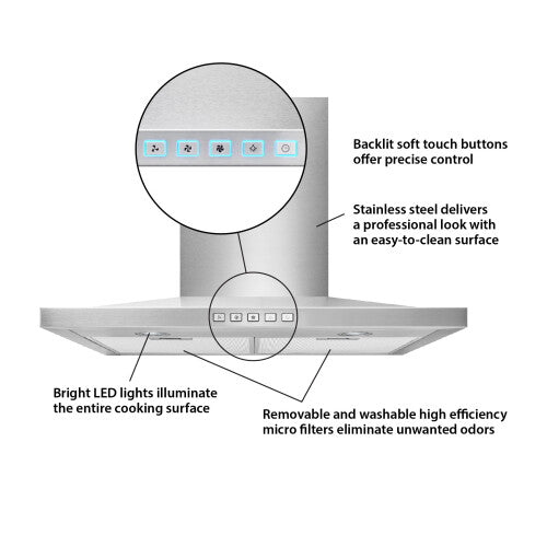 Stainless steel pyramid chimney hood with backlit touch controls, bright LED lights, and washable micro filters for home improvement
