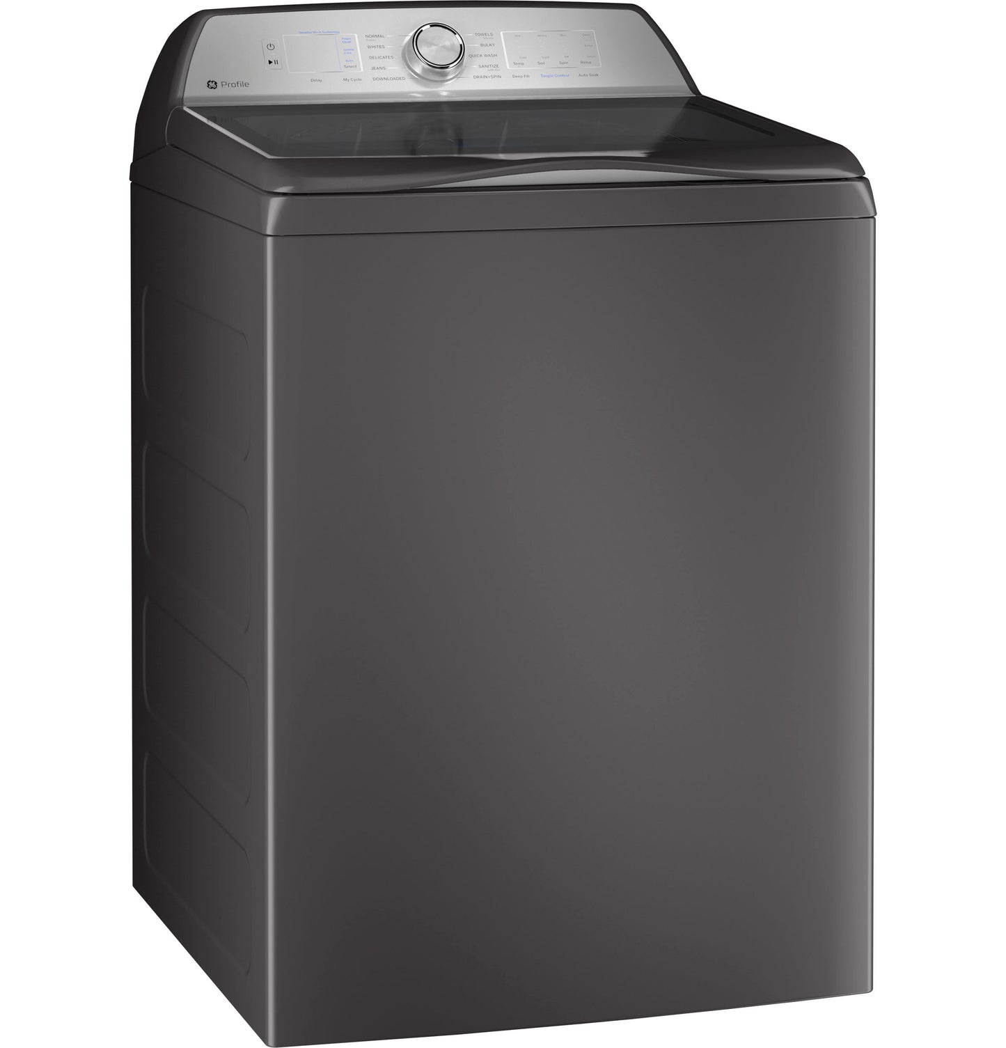 Dark gray top-load washer with digital control knob and energy-efficient design in washers and appliances collection