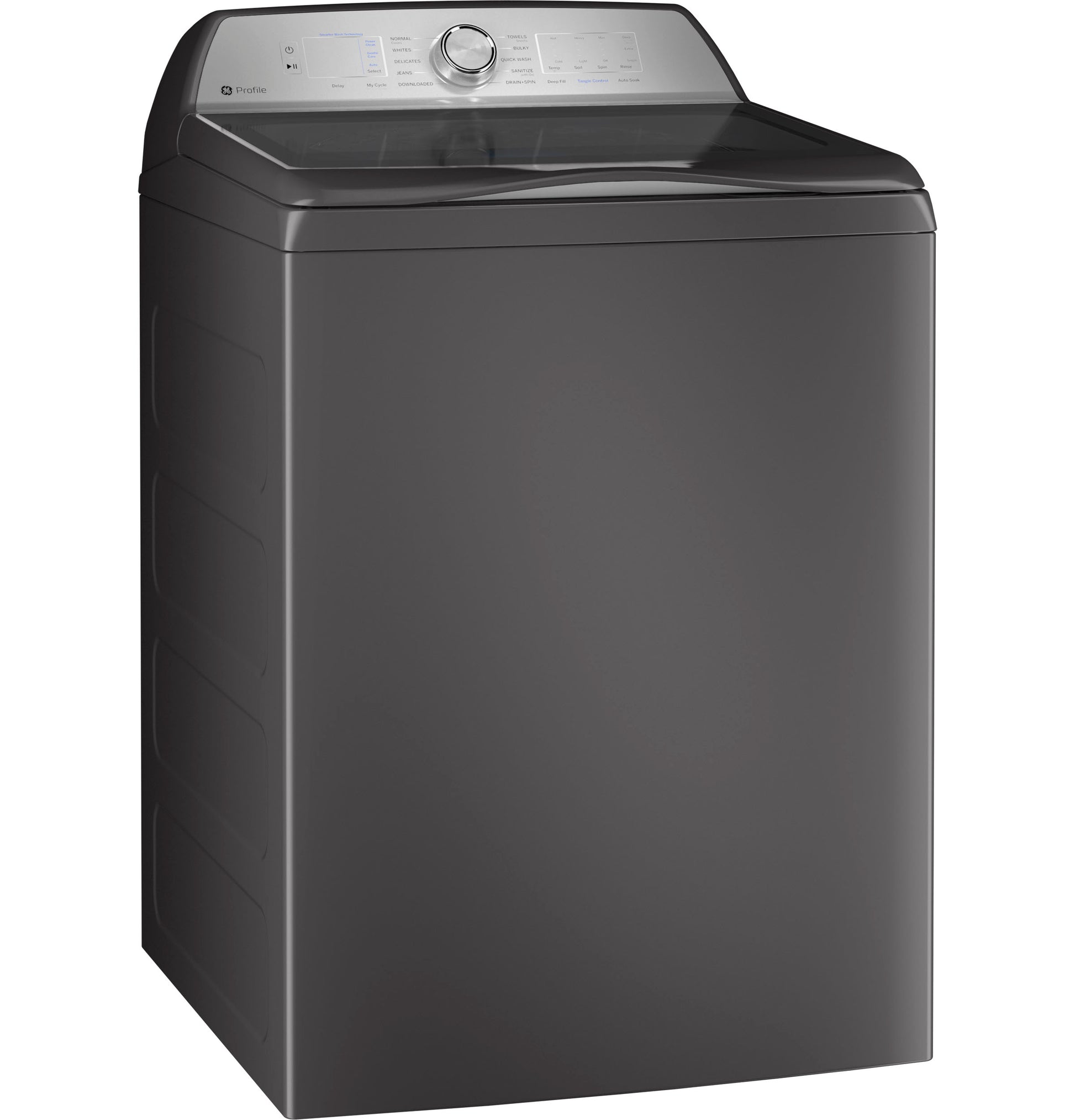 Dark gray top-load washer with digital control knob and energy-efficient design in washers and appliances collection