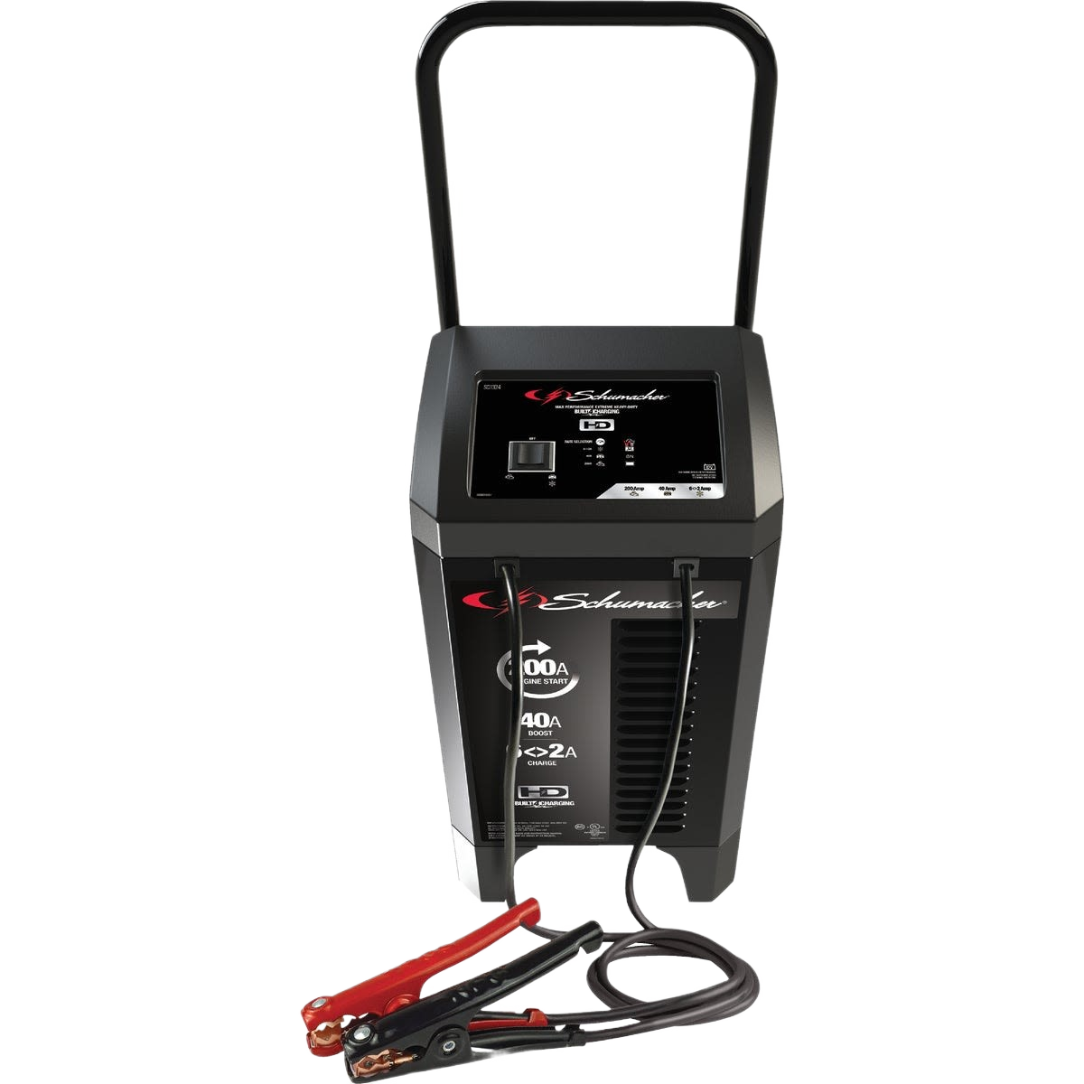 Portable 12V manual wheel starter and battery charger with black casing and red and black clamps for home improvement tools