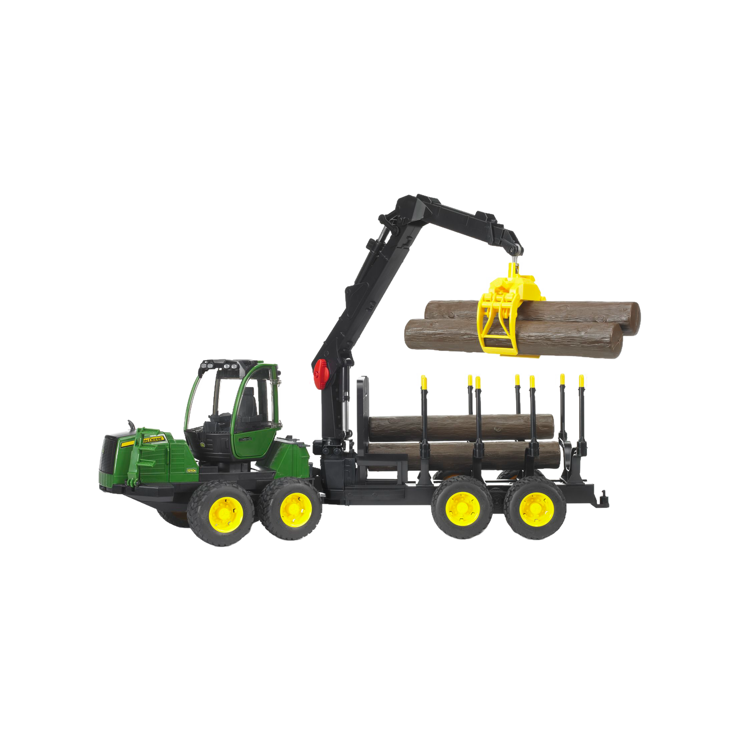 Green and yellow logging forwarder toy lifting wooden logs with crane, part of Bruder Toys and Vehicles collection under $100