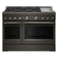 Commercial-style 48-inch 6-burner gas range with chrome electric griddle, part of KitchenAid kitchen appliances collection.