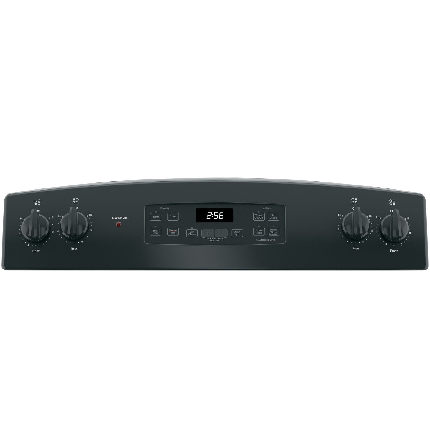 Control panel of a black electric range with four burner knobs, digital clock, and touchpad controls in kitchen appliances collection