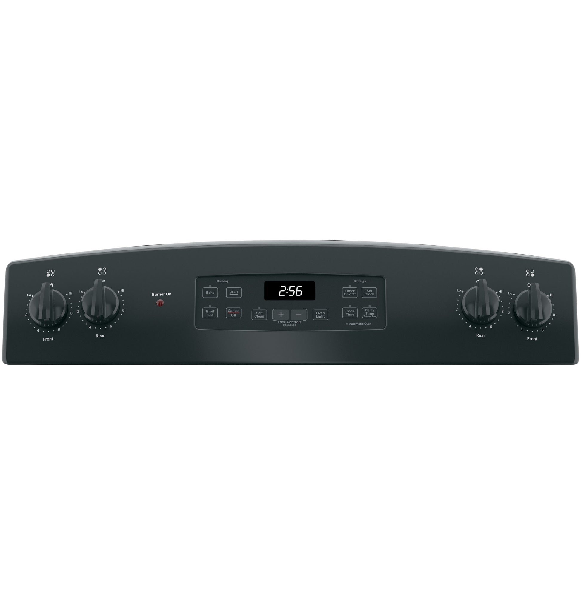 Control panel of a black electric range with four burner knobs, digital clock, and touchpad controls in kitchen appliances collection