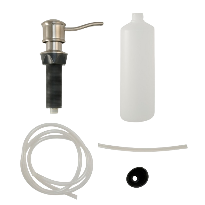 Brushed nickel soap dispenser kit with curved nozzle, 48-inch hose, and refill bottle for plumbing repair parts