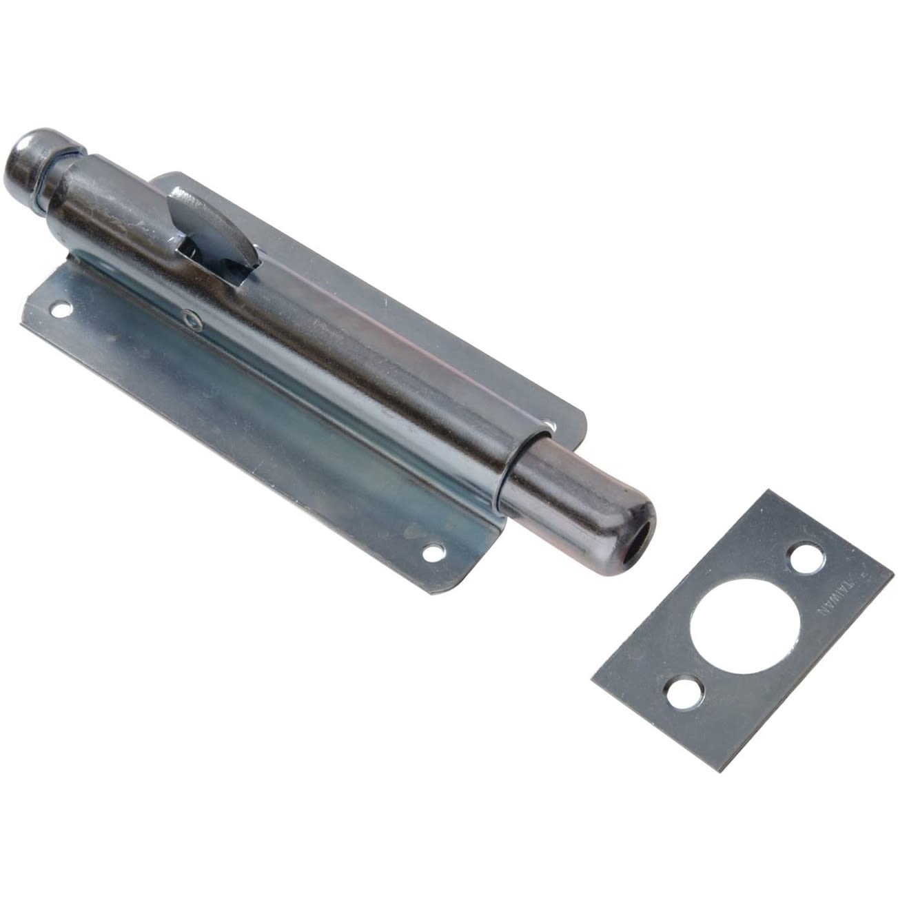 Zinc-plated six-inch foot bolt with mounting plate for door and gate hardware, part of Hillman and Nuts, Bolts & Washers collections
