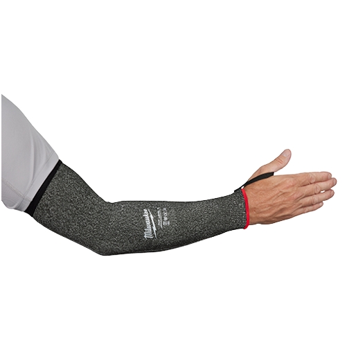 Gray cut-resistant sleeve with black trim and thumb loop for hand safety in tools and home improvement tasks