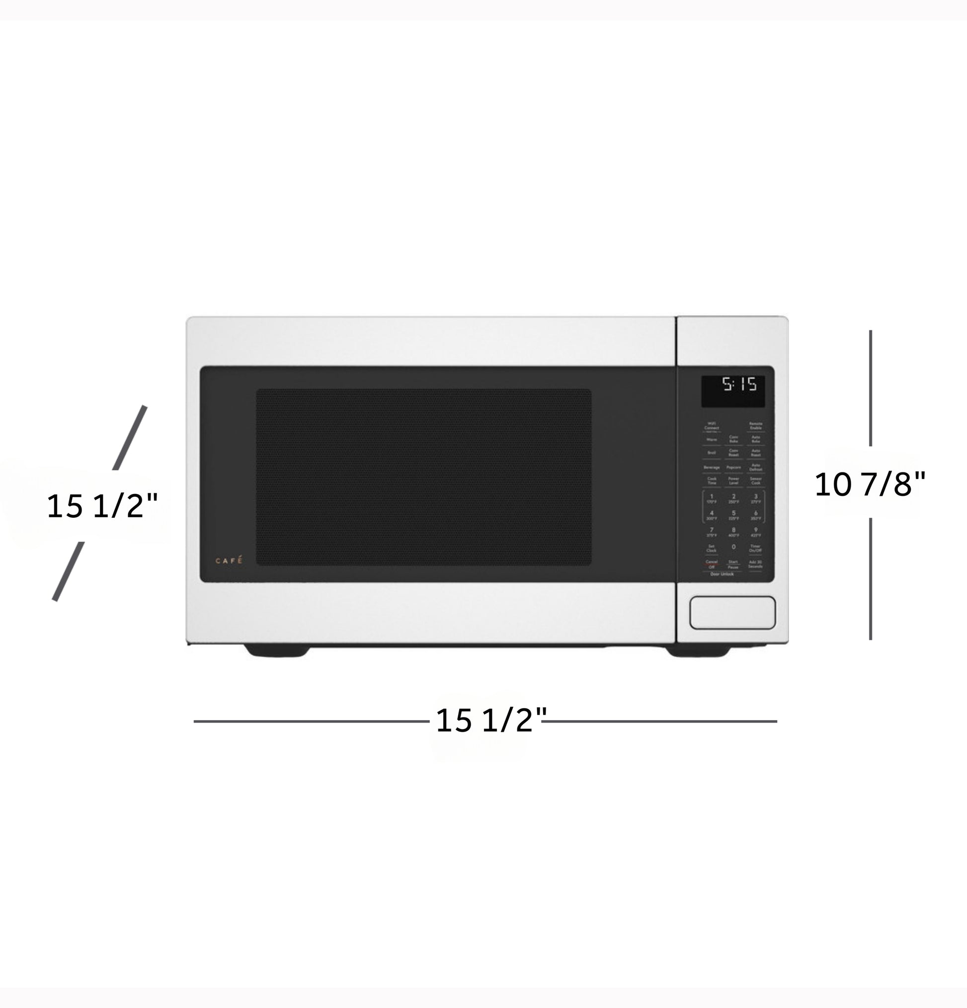 Smart countertop convection microwave oven in white with digital control panel and compact dimensions for kitchen use