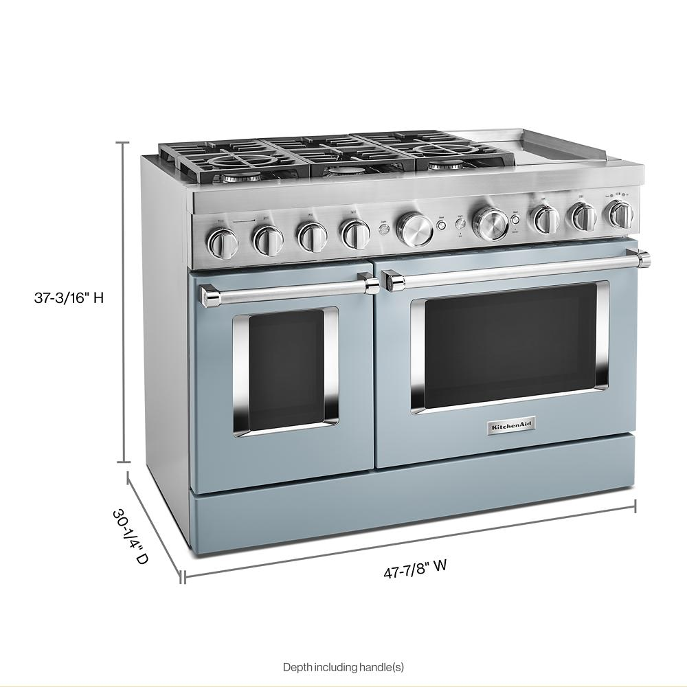 48-inch stainless steel dual fuel range with six burners, electric griddle, and double oven in kitchenware collection