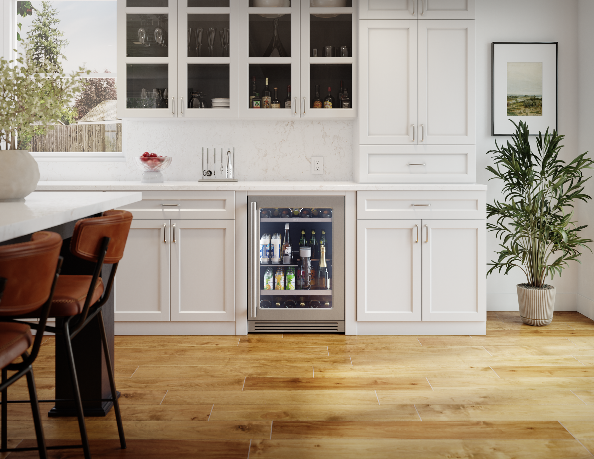 Under-counter beverage cooler with stainless steel frame, glass door, and interior LED lighting in modern kitchen setting from Appliances collection
