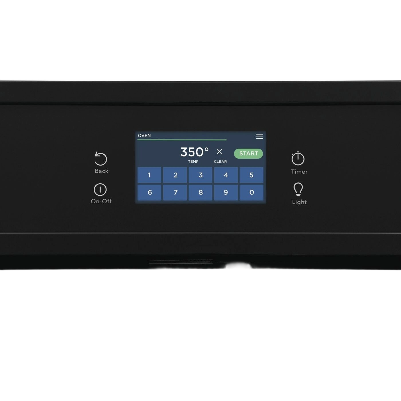 Touchscreen digital control panel displaying temperature and timer settings on a black electric wall oven control interface