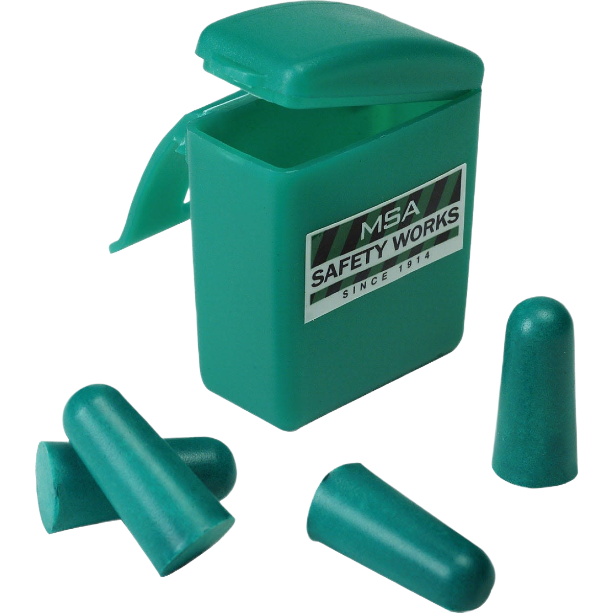 Green foam ear plugs with hinged plastic carrying case for hearing protection in safety and hardware collections