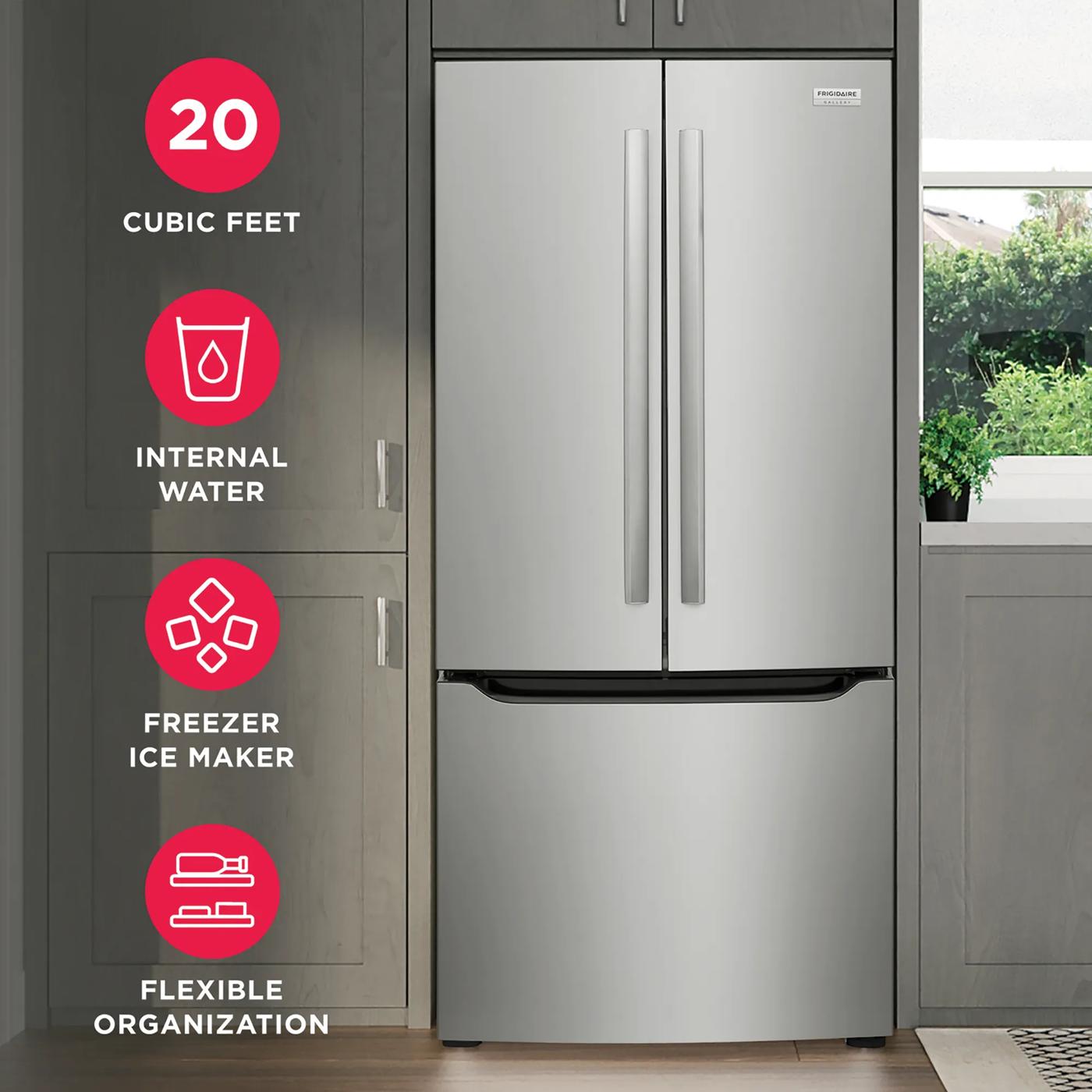 Stainless steel French door refrigerator with bottom freezer, set in modern kitchen cabinetry near window view