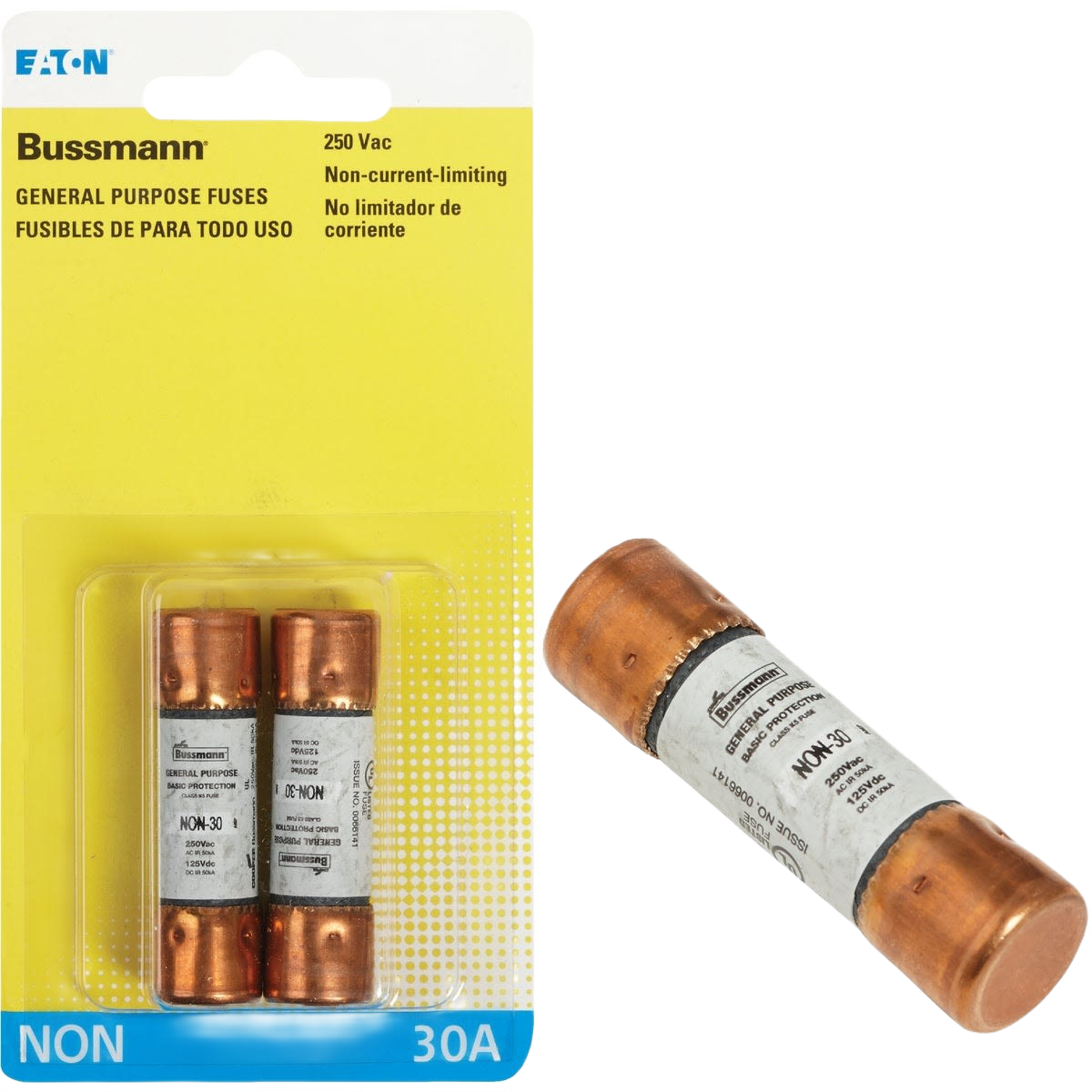 Set of two copper-ended Bussmann 30 amp general purpose fuses in blister packaging for home repair use