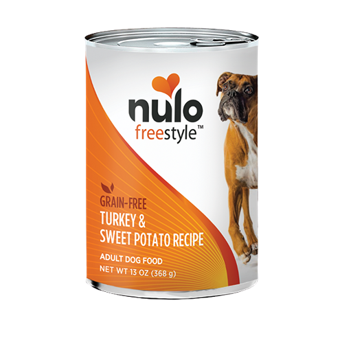 Can of grain-free turkey and sweet potato dog food featuring a boxer dog on the label with orange and white design