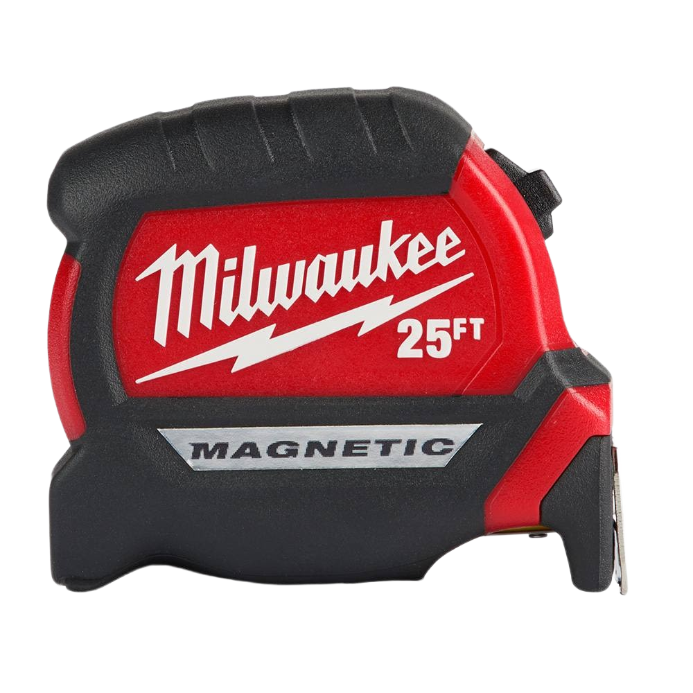 Compact red and black magnetic tape measure for precise measurements in hand tools and woodworking collections