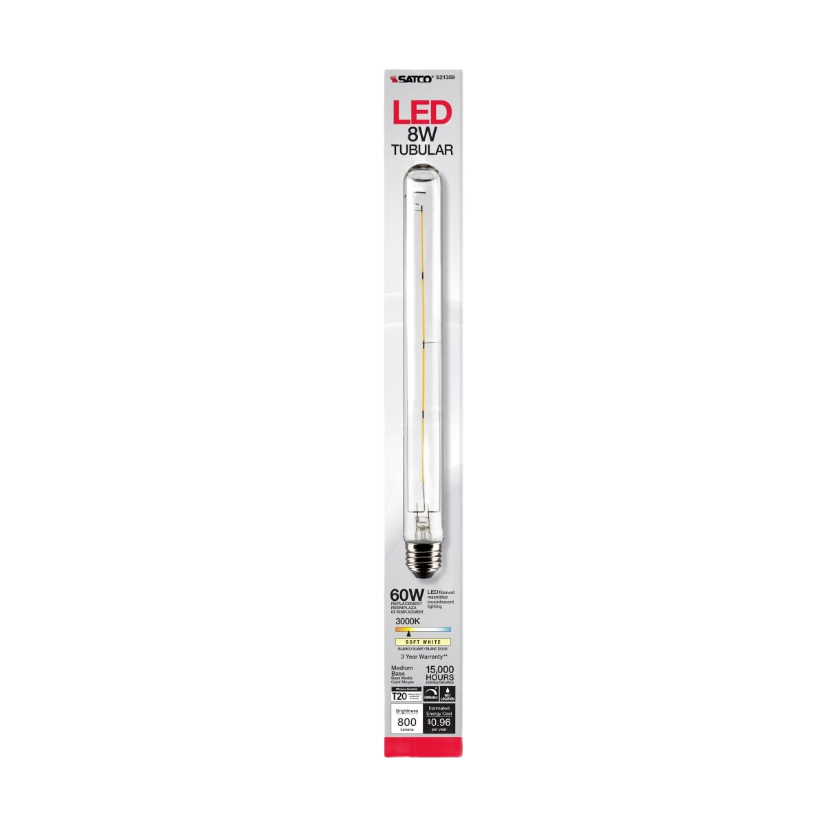 Satco tubular LED light bulb with warm white glow and medium base for energy-saving home and office lighting