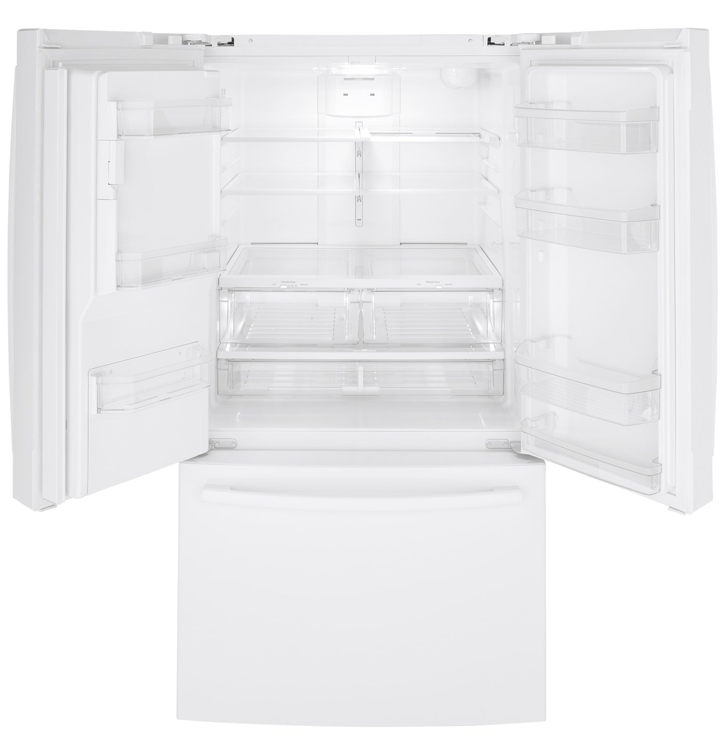 Empty white French-door refrigerator with adjustable shelves and spacious bottom freezer drawer in kitchen appliances collection