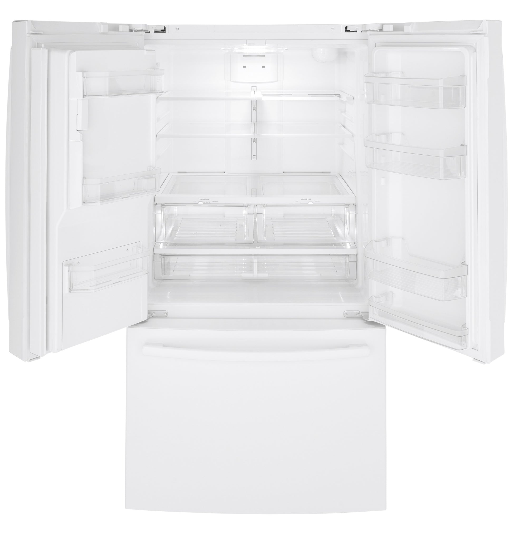 Empty white French-door refrigerator with adjustable shelves and spacious bottom freezer drawer in kitchen appliances collection