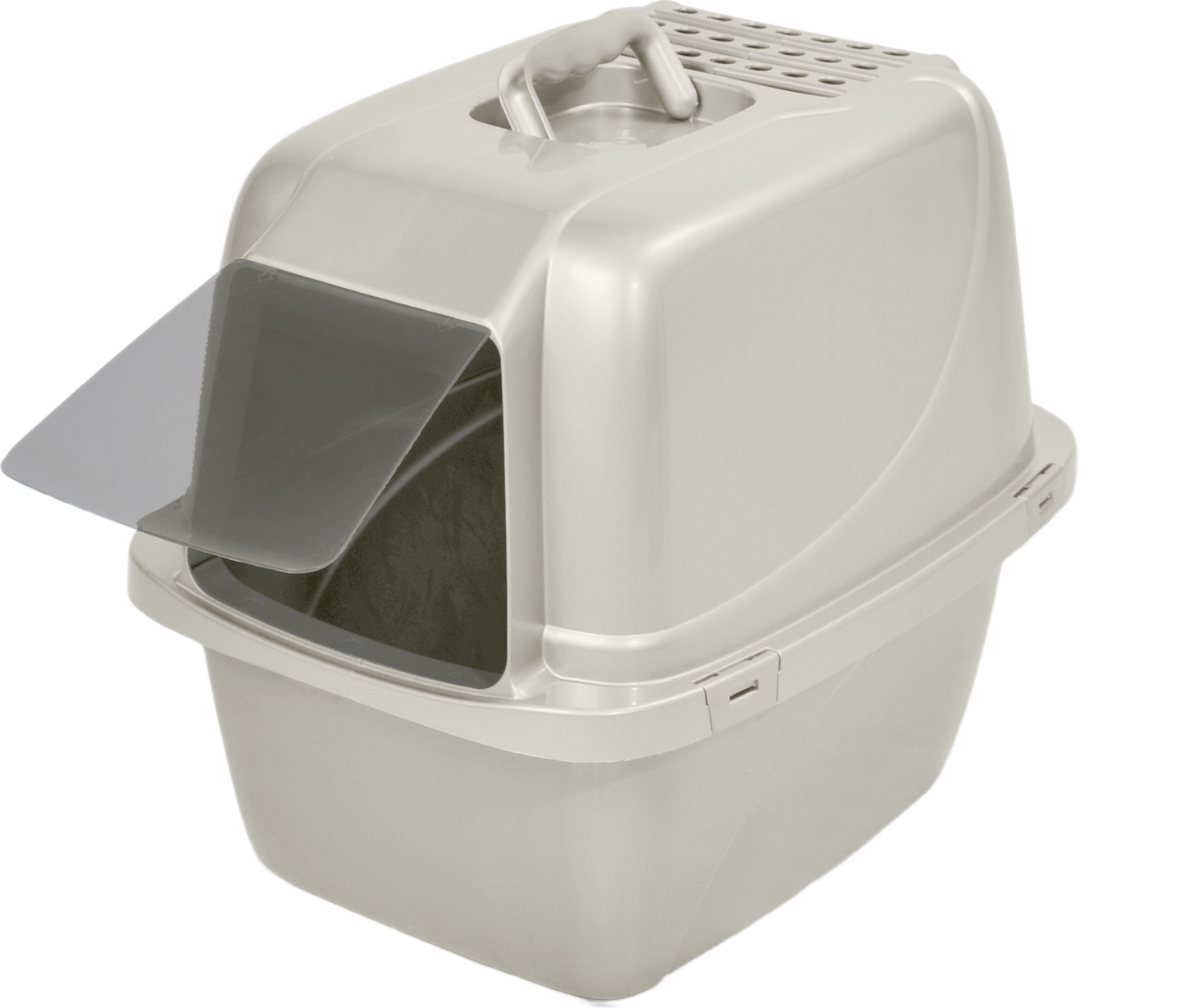 Beige enclosed cat litter pan with top handle and hinged flap door for pet hygiene and home use