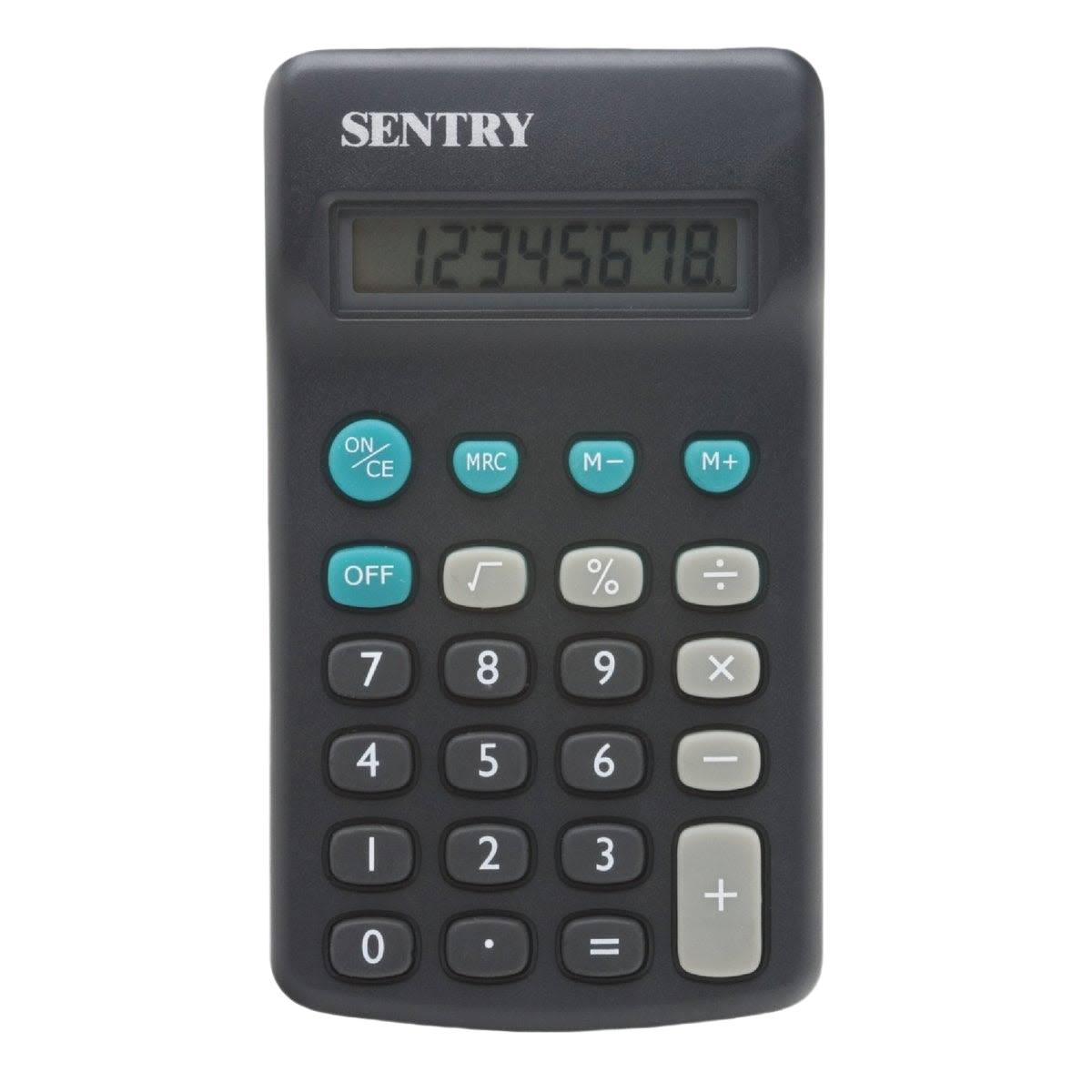 Compact black pocket calculator with teal and gray keys for office supplies and measuring tools under $50 collections