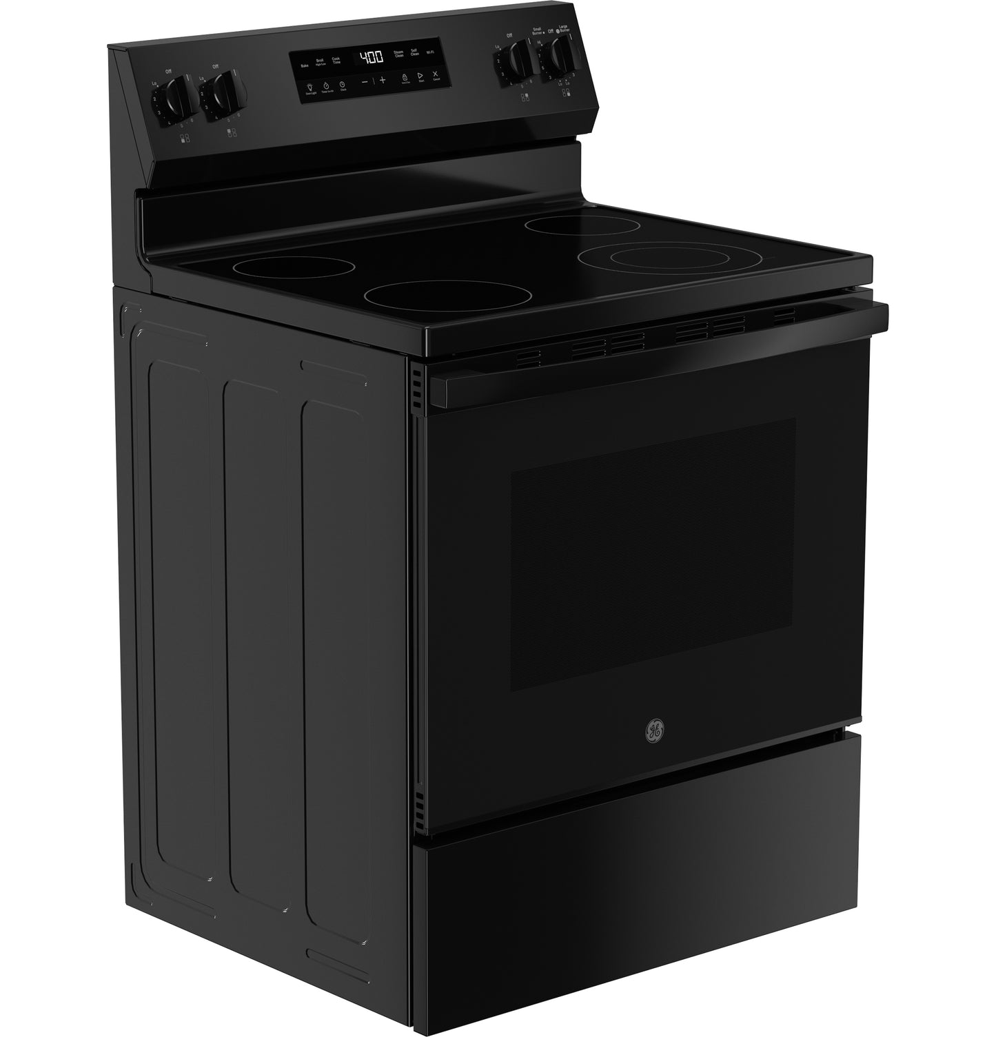 Black free-standing electric range with smooth cooktop and digital controls in modern kitchen appliance collection