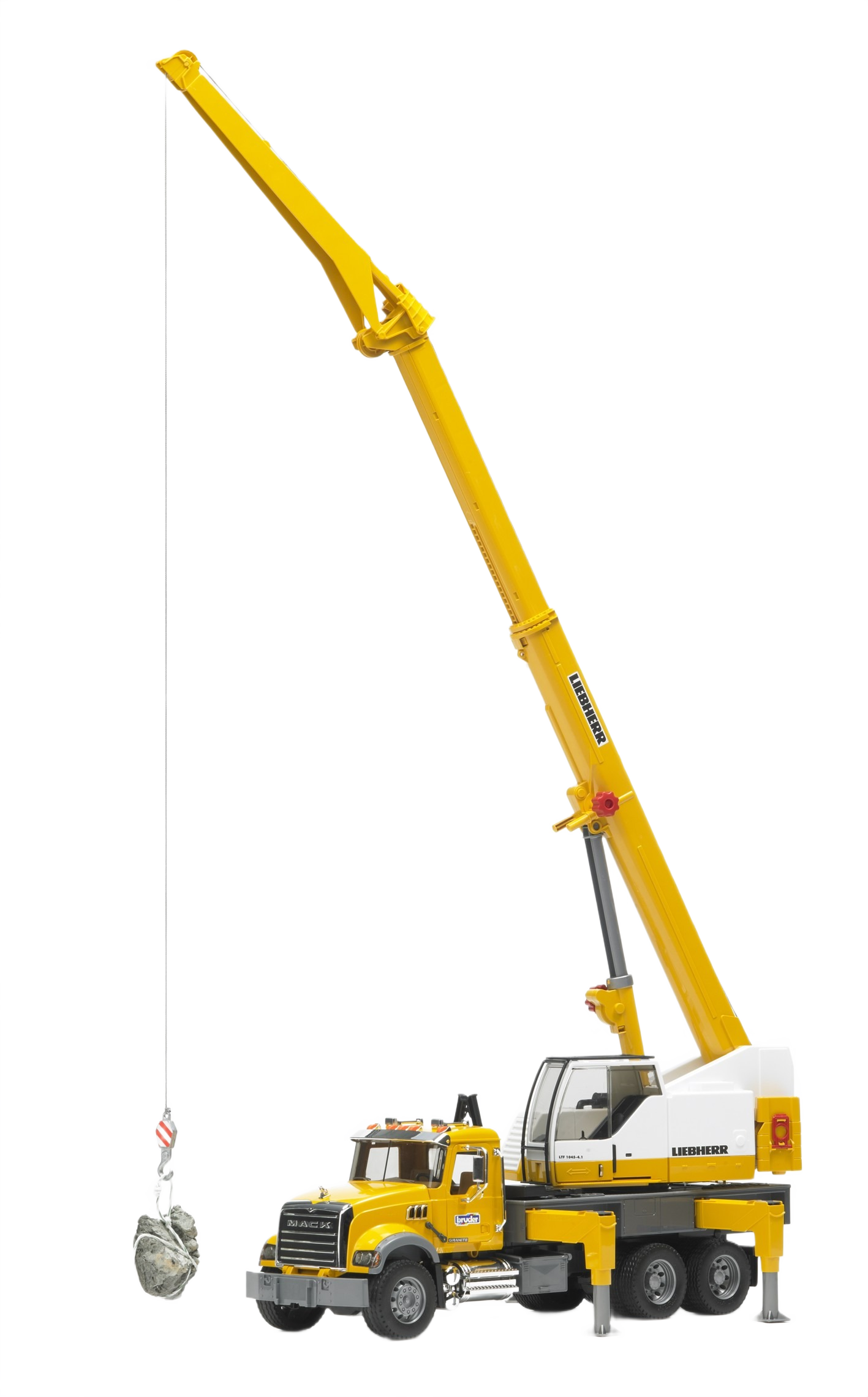 Yellow Bruder MACK Granite Liebherr crane truck model with raised telescopic boom in Toys & Games and Bruder Toys collections