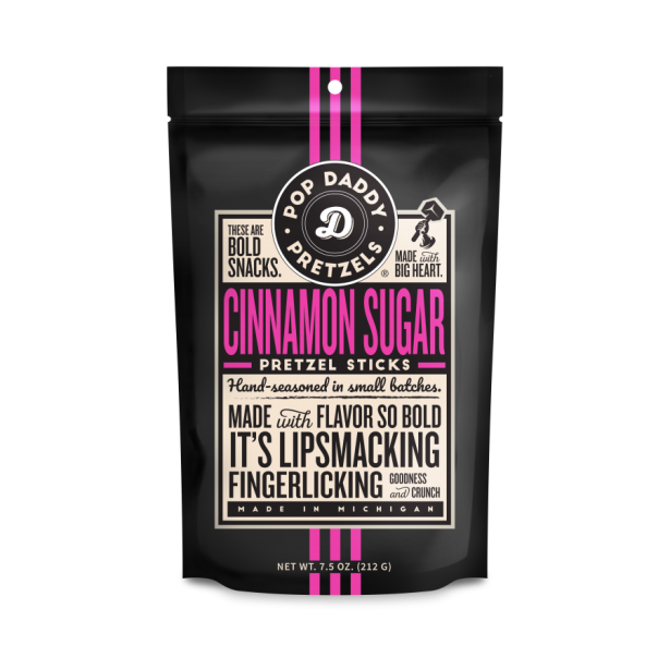 Black resealable bag of Pop Daddy cinnamon sugar pretzel sticks in Chips & Snacks and Food & Beverage collections