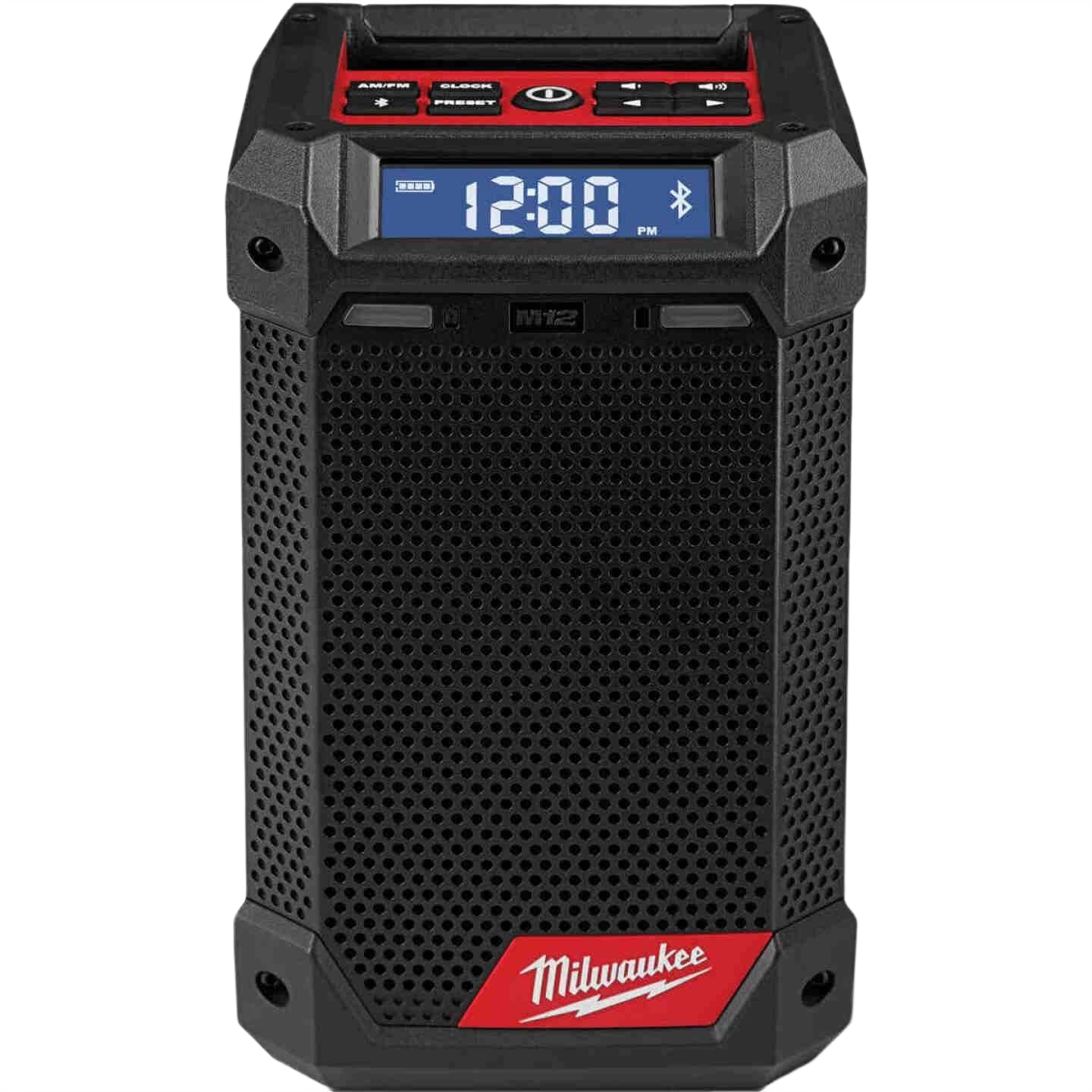 Compact black and red portable radio and charger with digital display and Bluetooth for home improvement use
