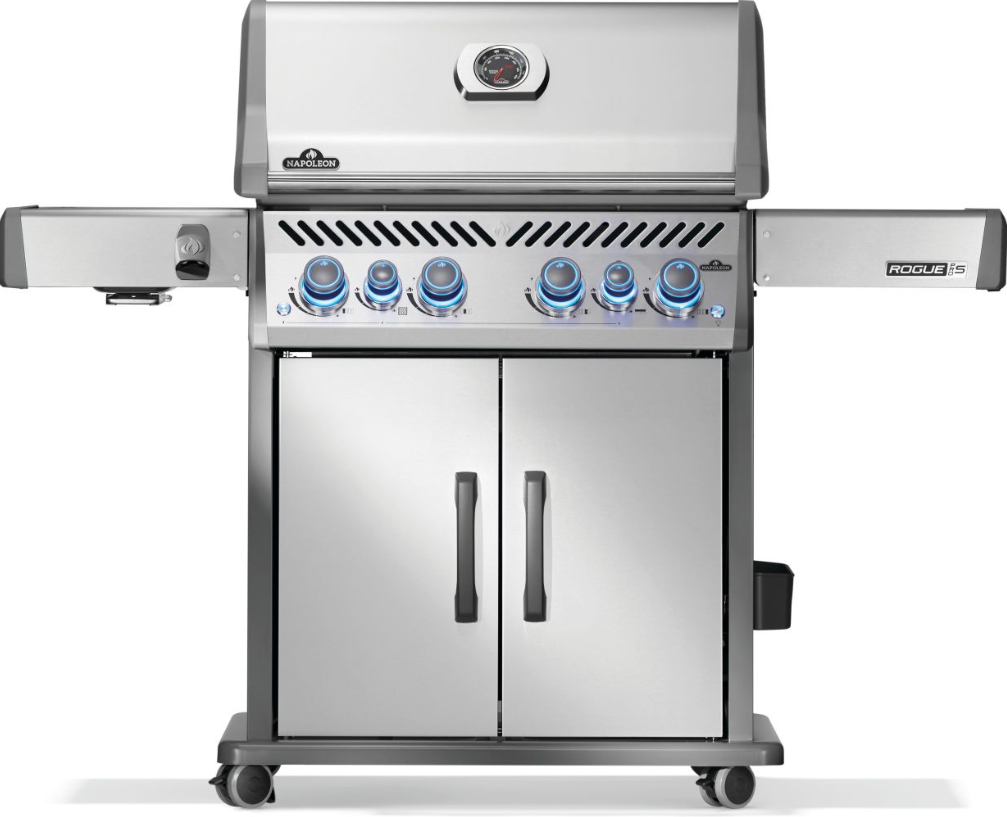 Stainless steel natural gas grill with six illuminated control knobs, double-door storage, side shelves, and built-in thermometer for outdoor cooking and grilling.
