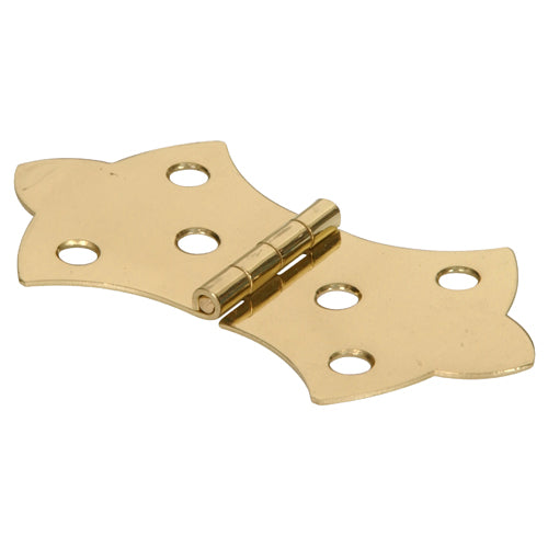 Bright brass solid brass decorative hinge with six mounting holes for cabinet and furniture hardware projects