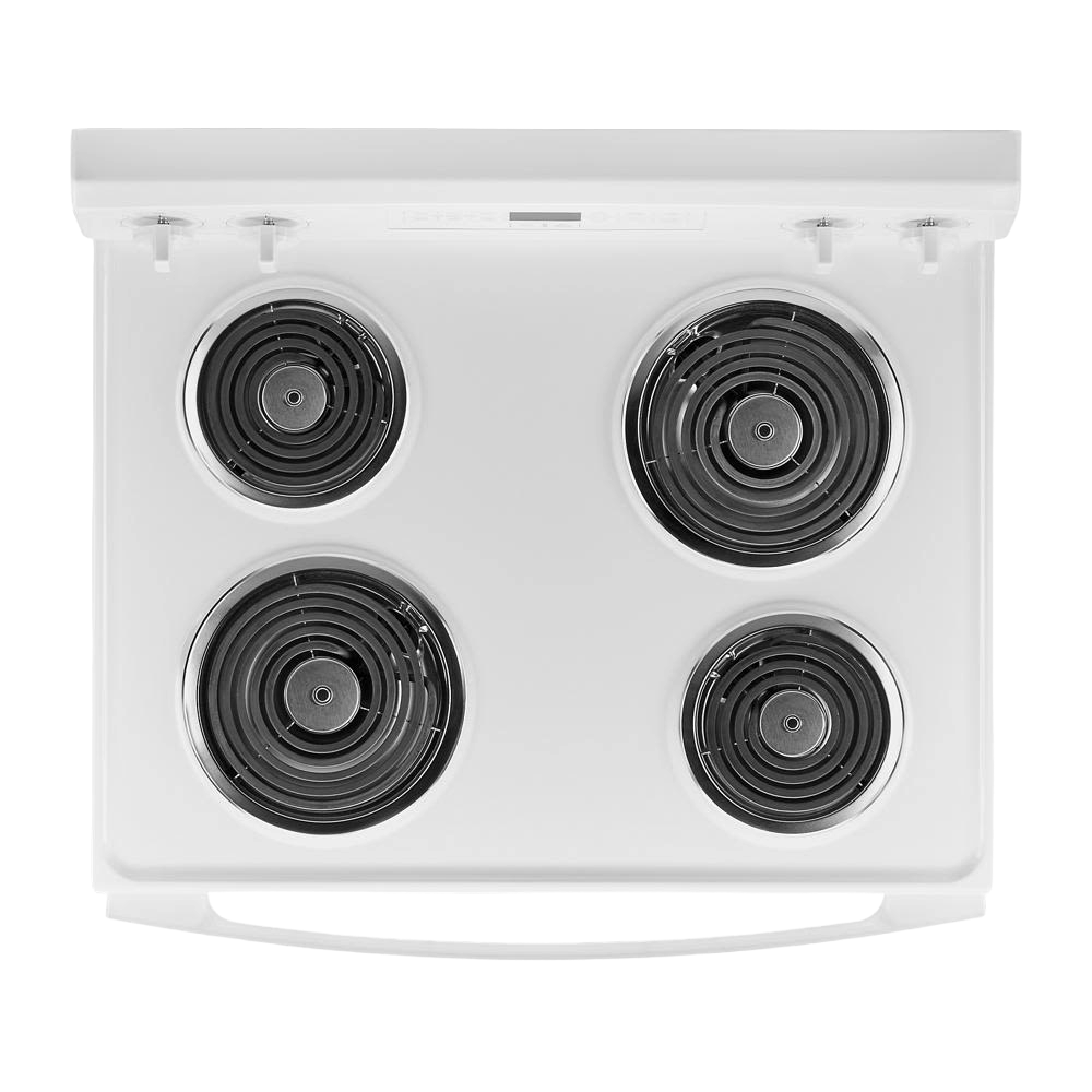 Top view of white electric range with four coil burners from kitchen appliance collection for home improvement