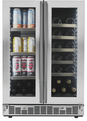 Stainless steel dual zone beverage center with glass French doors, stocked with cans and wine bottles in Appliances collection