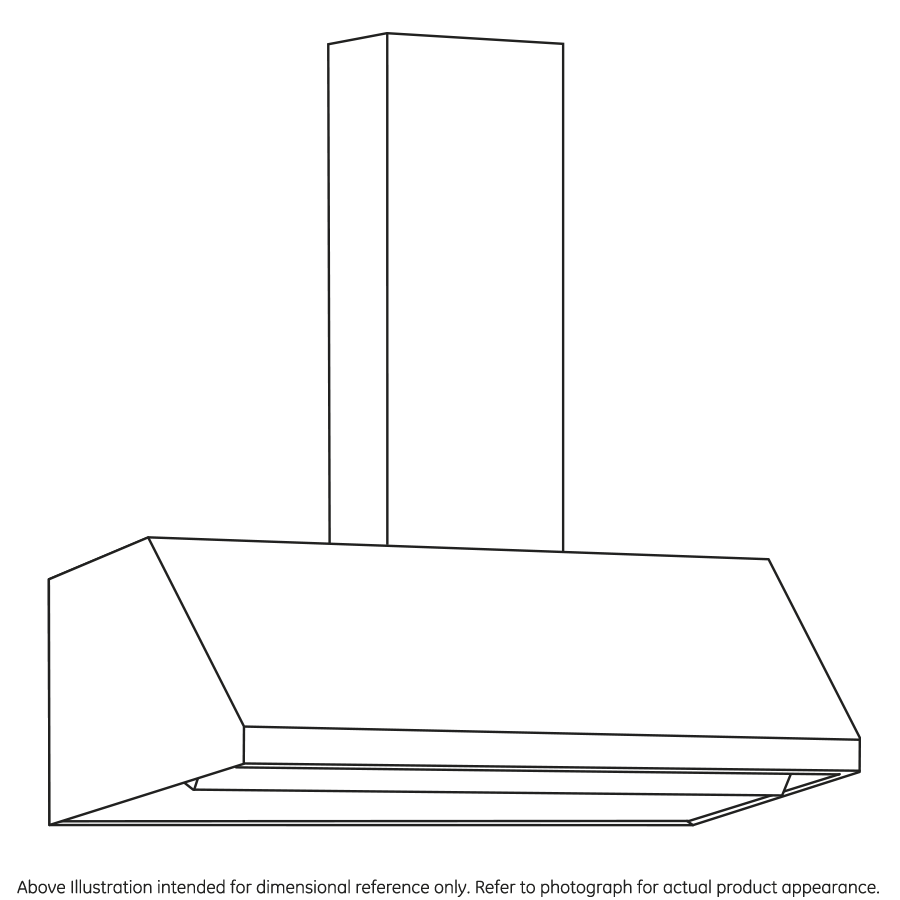 Outline drawing of a modern wall mount range hood for kitchen and home improvement collections