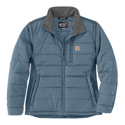Lightweight insulated men's puffer jacket in slate blue with full zipper and chest pocket detailing