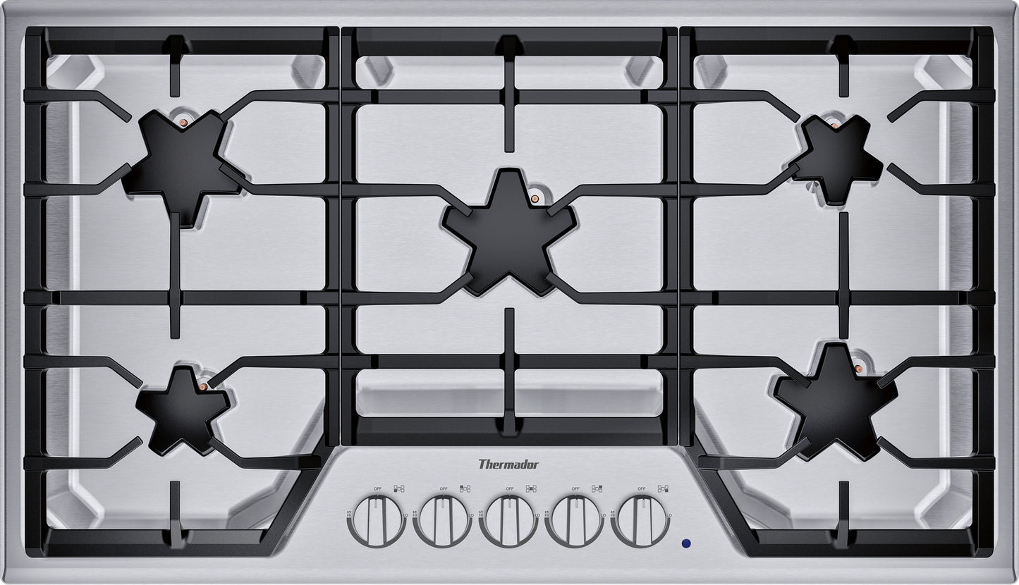 36-inch stainless steel gas cooktop with five sealed burners and continuous grates from Thermador collection