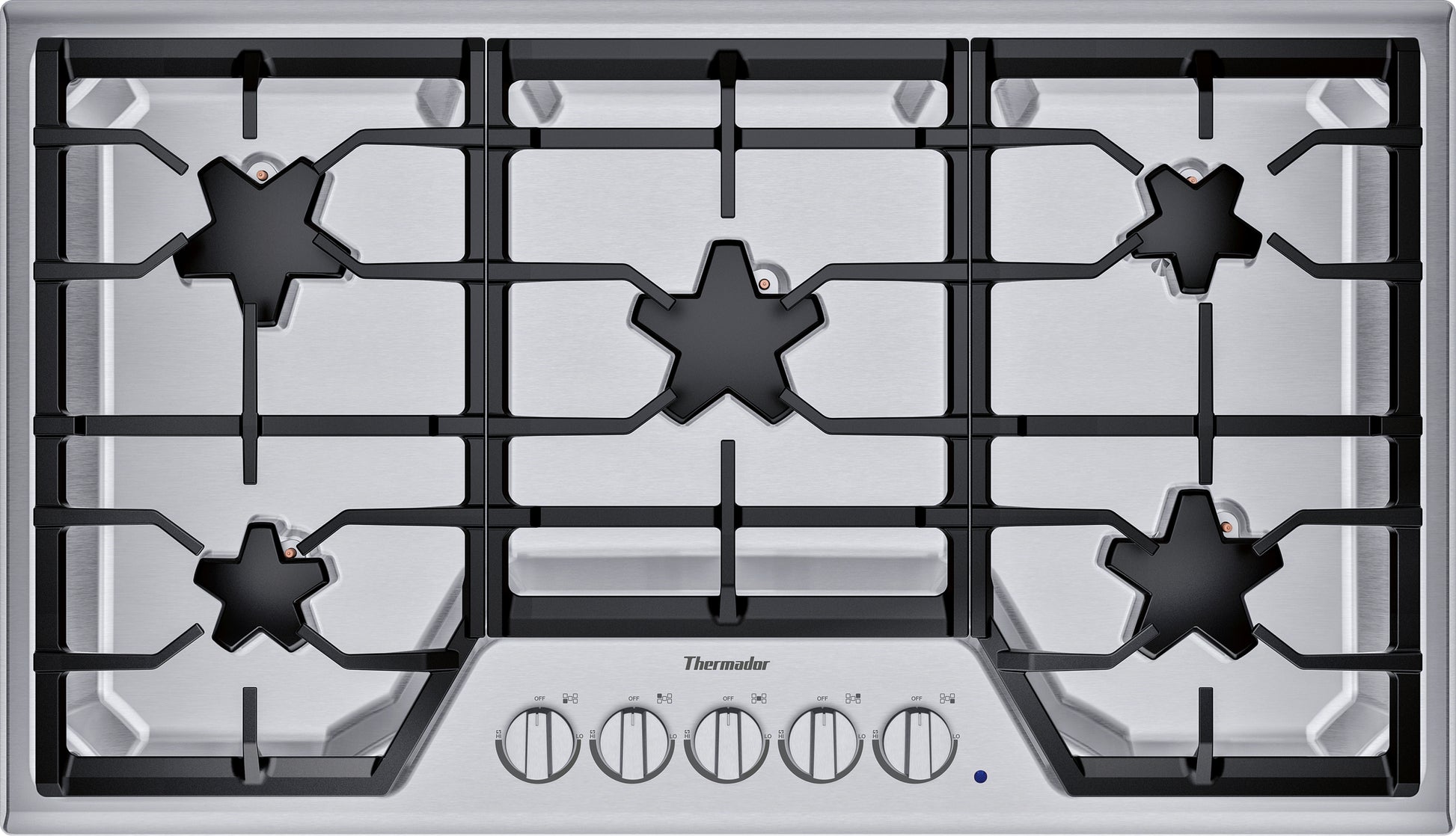36-inch stainless steel gas cooktop with five sealed burners and continuous grates from Thermador collection