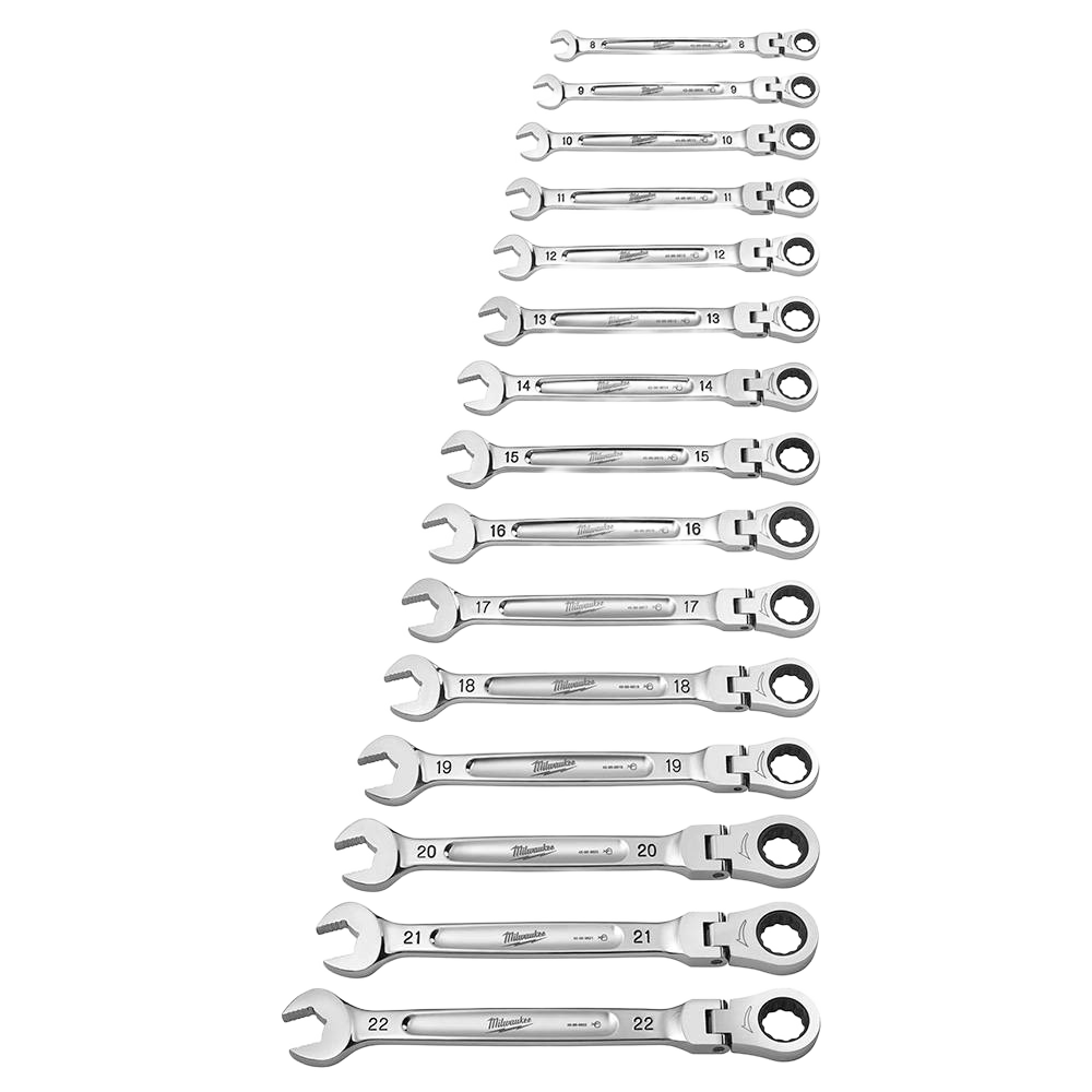 Set of 15 polished metric combination wrenches with flex heads and ratcheting feature for tools and home improvement tasks