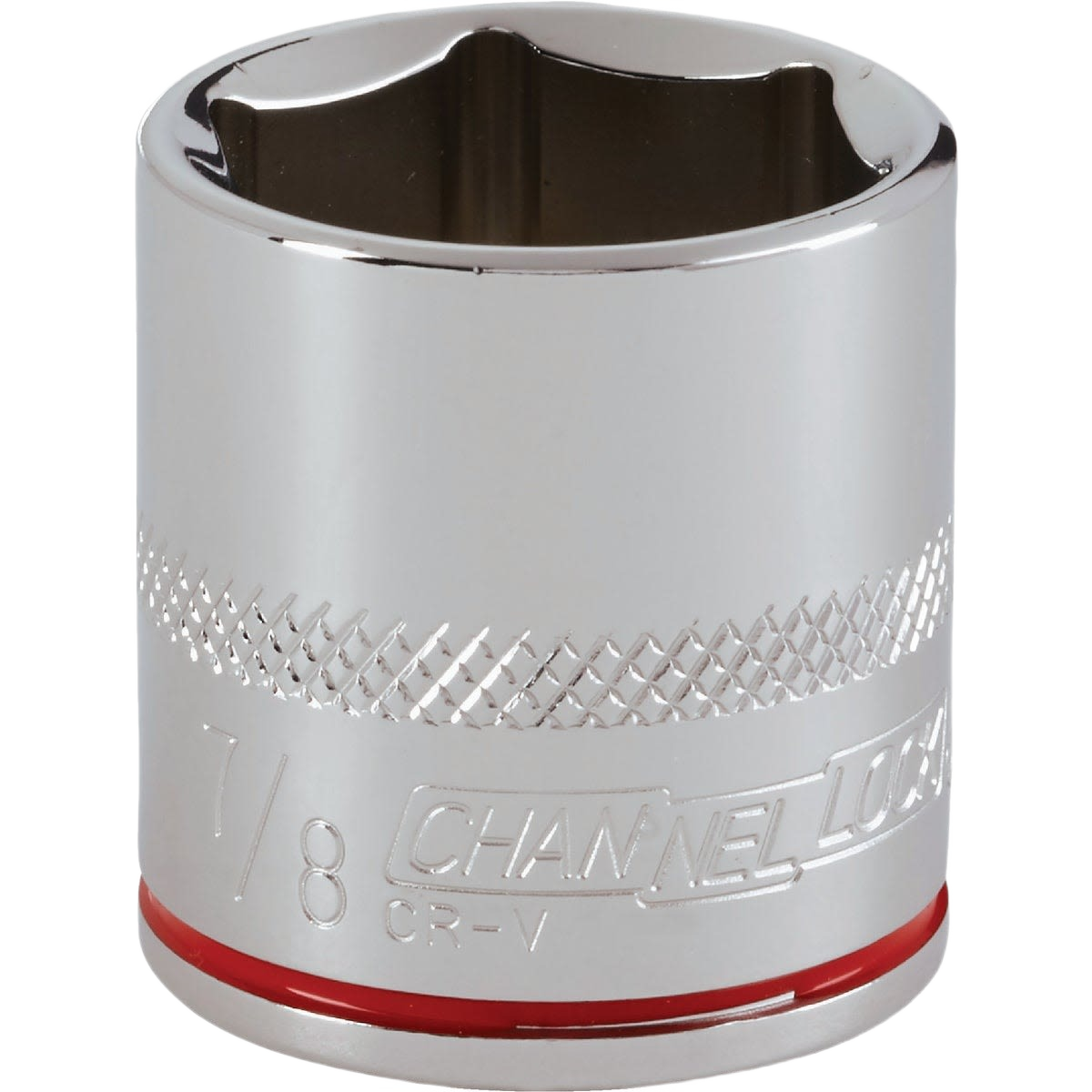 Chrome-finished 7/8 inch 6-point shallow socket with textured grip for hand tools and woodworking collections
