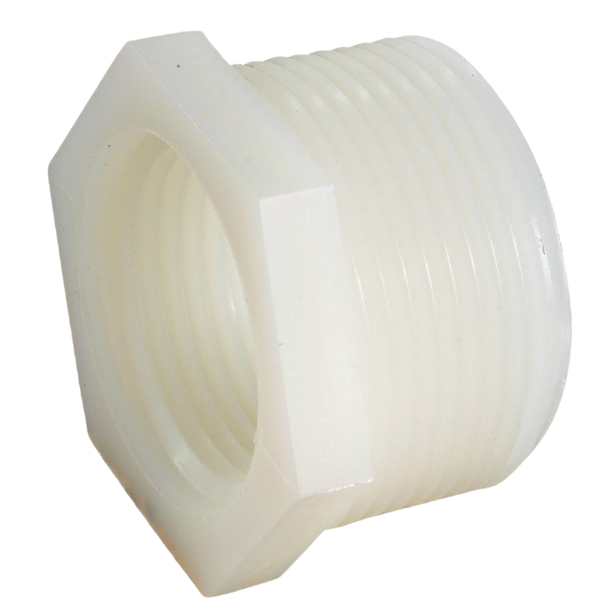 White threaded nylon bushing with hexagonal exterior, suitable for plumbing and pipes & fittings collections under $50.