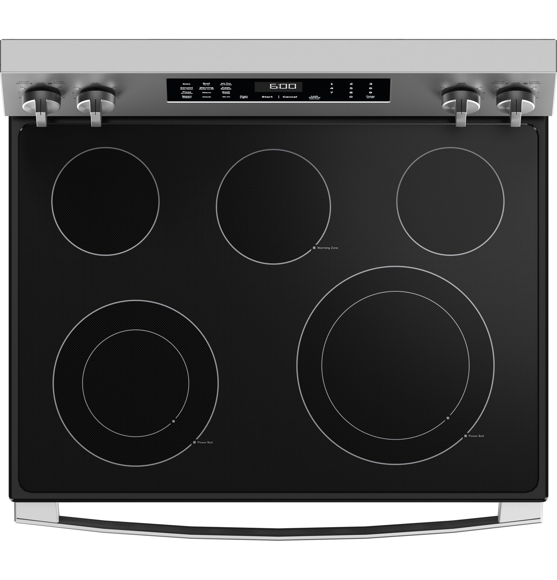 Top view of stainless steel electric convection range cooktop with five heating elements and digital display from kitchen appliances collection