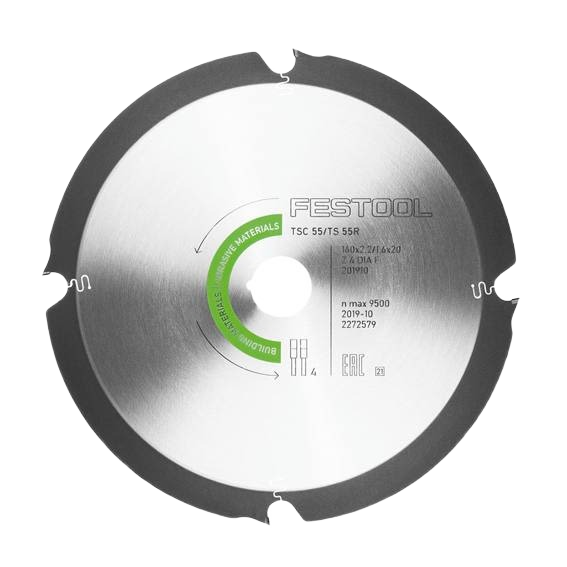 Silver diamond saw blade with four teeth and green label for abrasive materials cutting in home improvement tasks