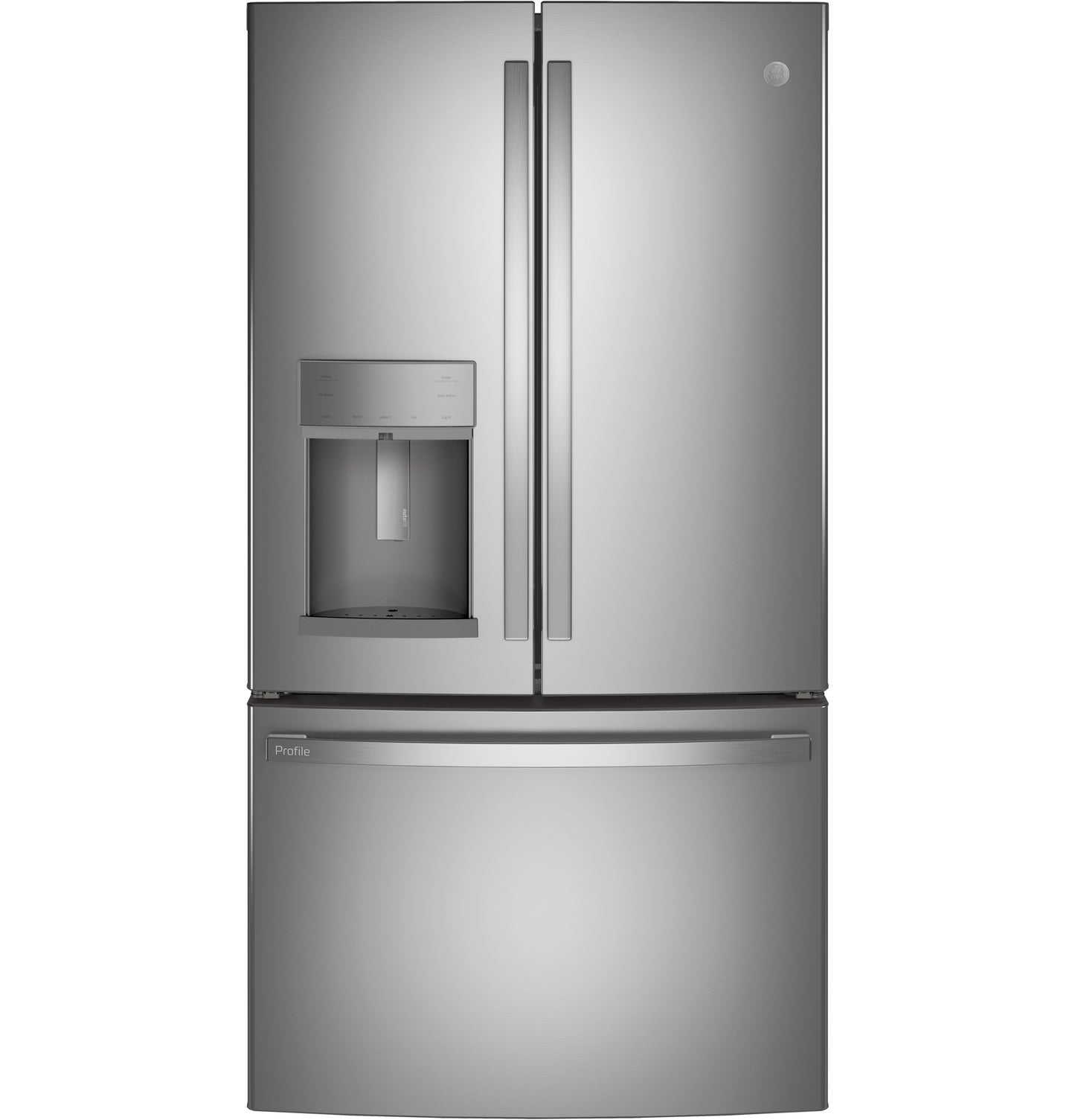 Stainless steel French-door refrigerator with bottom freezer and water dispenser for kitchen and appliance collections