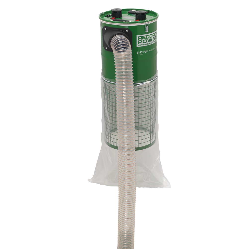 Green wall-mounted dual motor dust extractor with clear flexible hose and dust collection bag for workshop use