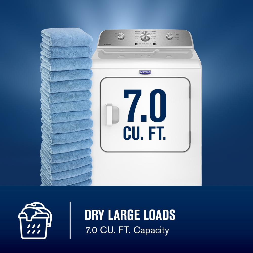 White front-load dryer with silver control panel and stack of blue towels highlighting 7.0 cu. ft. capacity in appliances collection