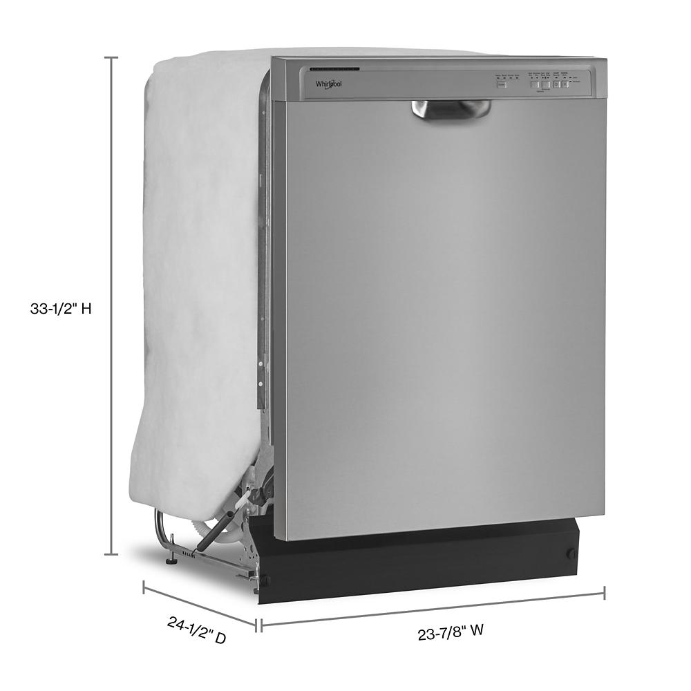 Freestanding stainless steel dishwasher with top control panel and compact dimensions for kitchen and home improvement