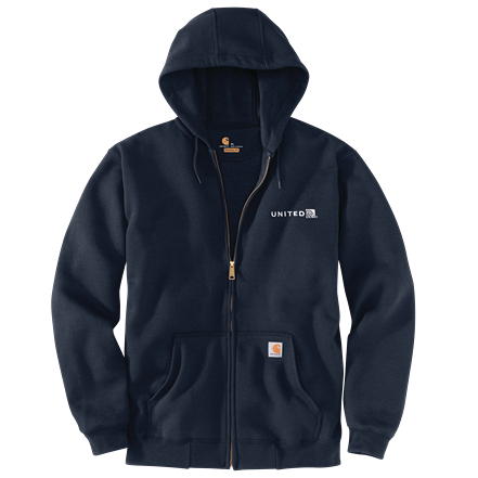 Men’s navy loose fit midweight full-zip sweatshirt with hood and front pockets from Carhartt hoodies collection